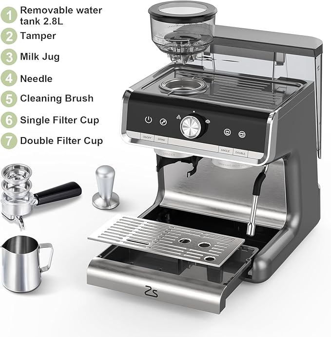 20 Bar Semi-Automatic Espresso Machine with Built-In Coffee Grinder and Milk Frother, Home Barista Coffee Maker for Cappuccino Latte Macchiato, Ideal Gift for Mom and Dad