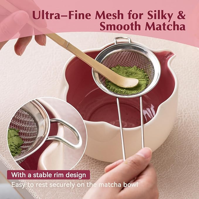 Matcha Set, 8Pcs Floral Ceramic Matcha Kit with Matcha Whisk, Holder, Scoop, Scoop Rest, Sifter, Spoon and Tea Towel - Thoughtful Matcha Whisk Set Gift for Matcha Lovers (Beige & Pink)