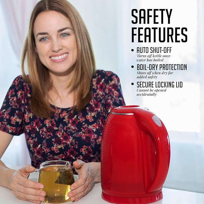 OVENTE 1.7L Double Wall Electric Tea Kettle, 1100W Water Boiler and Heater with Cool-Touch Exterior, Stainless Steel Insulated Interior, Auto Shut-Off, Boil-Dry Protection & Locking Lid, Red KD64R
