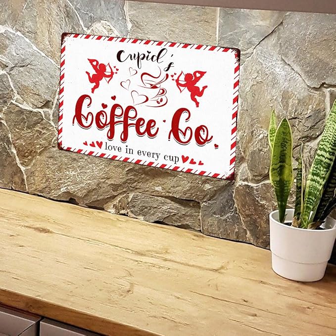 Cupid's Coffee Co Love In Every Cup Tin Sign Love Shack Metal Signs Valentine's Day Wall Art Decoration Home Farmhouse Bar Kitchen Cafe Coffee Corner White Day Decor Romantic Gift 12" x 8" - Image 6