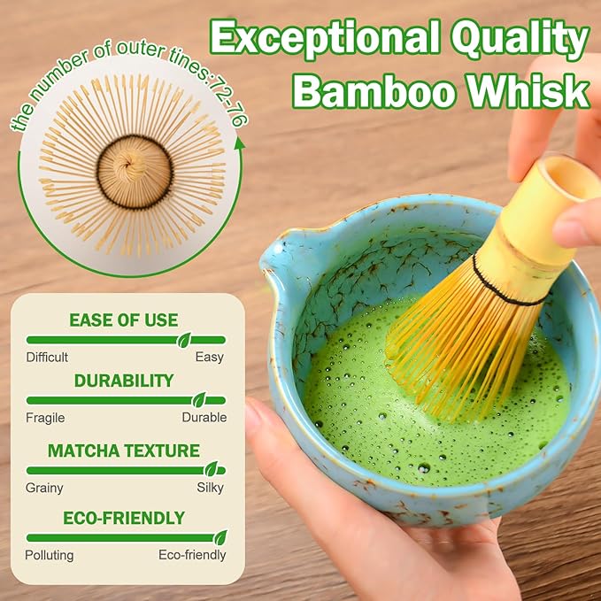 MONOJOY Matcha Bowl and Whisk Set, BPA-Free – Multi-Layer Ice-Crackle Ceramic Chawan with Spout, Bamboo Chasen, Holder, Scoop & Sifter | Japanese Ceremonial Matcha Tea Kit for Lattes & Beginners