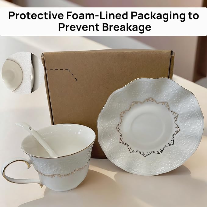 Tea Cup and Saucer Set for 1, Coffee Cup with Saucer and Spoon, Espresso Latte Cup for Women Gift, Dishwasher Safe, 6.8 Oz
