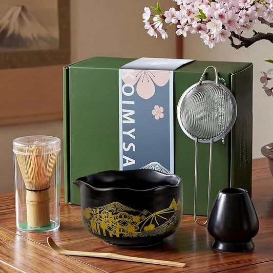 Matcha Whisk Set and Bowl Kit Black and Gold, Japanese Ceremonial Matcha Tea Kit Making Tools Ceramic Bowl and Whisk Holder Accessories Gift Set for Women Friends