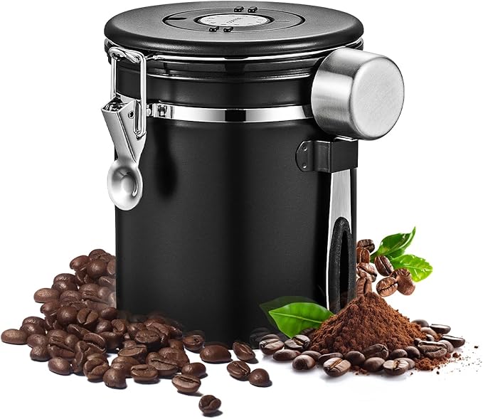 Airtight Coffee Container with Date Tracker & Spoon - Kitchen Storage Jar for Coffee Grounds, Cereal, Beans, Sugar (Black, 16OZ)