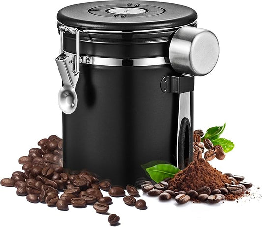 Airtight Coffee Container with Date Tracker & Spoon - Kitchen Storage Jar for Coffee Grounds, Cereal, Beans, Sugar (Black, 16OZ)