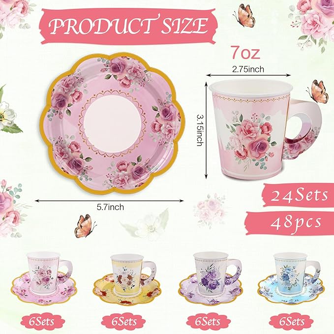 24 Sets Disposable Paper Tea Cups 7 OZ Floral Tea Party Cups with Handle and Plates Teacups and Saucer Sets for Mother's Day Baby Bridal Shower Birthday(Watercolor Style)