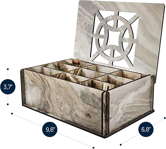RoyalHouse Premium Wood (Hard MDF) Tea Storage Box Organizer (Grey Marble), Eco-Friendly Multi-Functional Decorative Box, 9 Compartments For Assorted Variety Of Tea Bags and Small Items