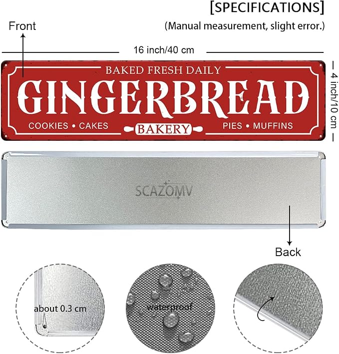 Gingerbread Bakery Metal Sign Cookies Cakes Pies Muffins Christmas Vintage Tin Hanging Plaque for Home Kitchen Patio Yard Office Cafe Coffee Bar Front Door Wall Decor Novelty Gift 16" x 4" - Image 2
