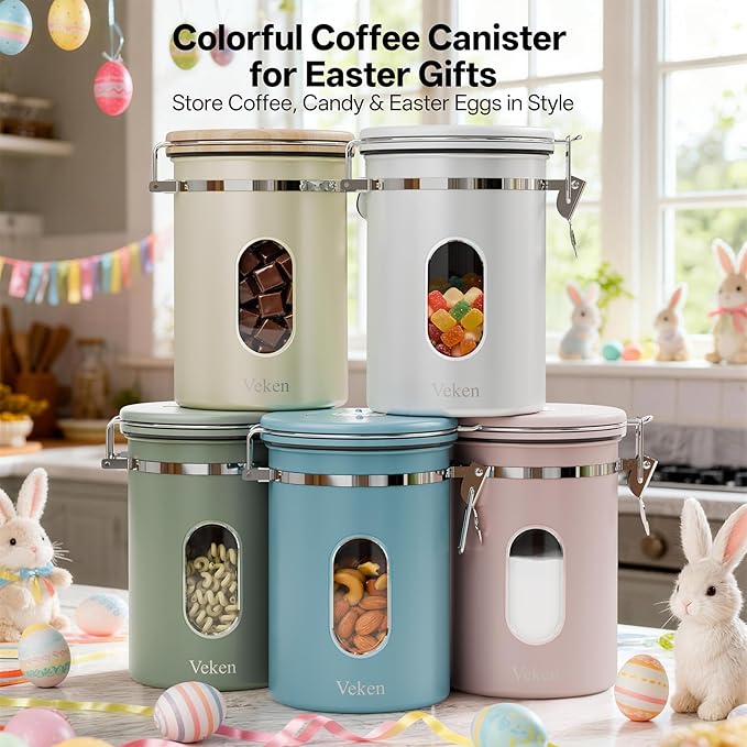 Veken Coffee Canister with Window, Easter Gifts Airtight Stainless Steel Container with Lids, Home Kitchen Food Storage Jars for Grounds, Beans, Tea, Flour, Cereal, Sugar, Basket, Scoop, 22OZ, Green