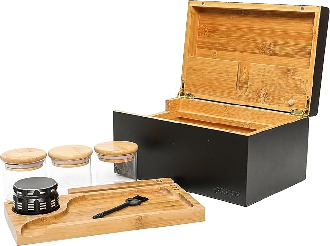 Large Bamboo Stash Box with Strong Magnetic Lid - Smell Proof Decorative Storage Box for Herbs, Spices & Keepsakes - Includes Removable Wood Tray and Glass Storage Jars - Natural & Discreet
