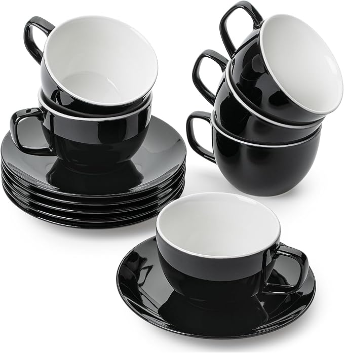 BTaT- Cappuccino Cups with Saucers 6 oz, Set of 6, Black Porcelain Coffee Cup and Saucer Set for Latte, Mocha, Tea, Au Lait, Flat White, Dishwasher, Microwave, Freezer and Oven Safe