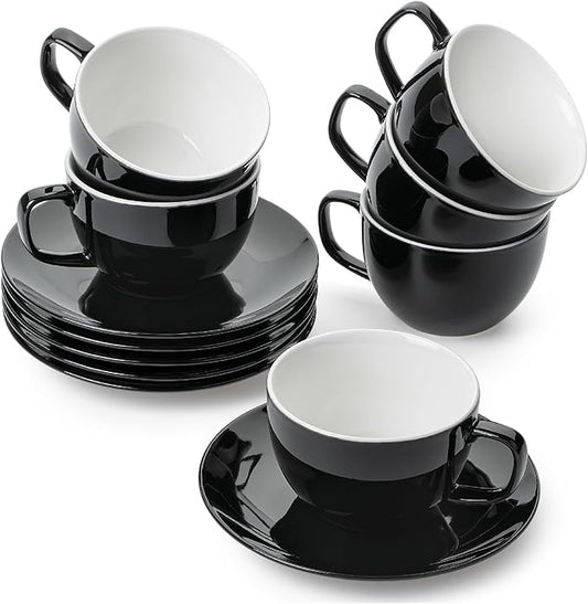 BTaT- Cappuccino Cups with Saucers 6 oz, Set of 6, Black Porcelain Coffee Cup and Saucer Set for Latte, Mocha, Tea, Au Lait, Flat White, Dishwasher, Microwave, Freezer and Oven Safe