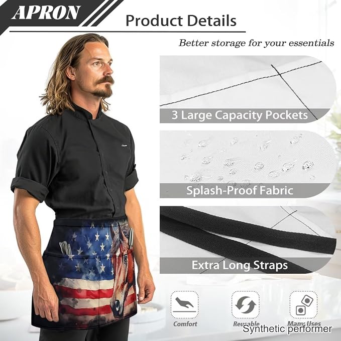 Waist Apron with 3 Pockets Waterproof 13 Inch Short Half Waist Aprons Women Men Server Aprons Waitress Waiter Apron - Image 6