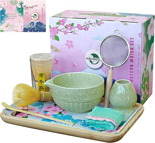 HAVIREST 10 pcs Matcha Whisk Set, Ceramic Bowl and Whisk Stand Spoon Holder Sifter Mat Towel, Japanese Ceremonial Grade Macha Tea Tool Kit, Gift for Women Match Starter Lover (Green)
