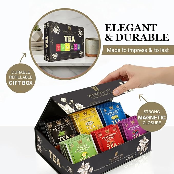 Wissotzky Artisanal Tea Chest Box, Assorted Flavors of Black & Herbal Tea Bags (42 Tea Bags) 6 Flavors | Tea Sampler Variety Pack | Tea Gift Set | Individually Wrapped | Corporate & Holiday Gifts | Certified Kosher
