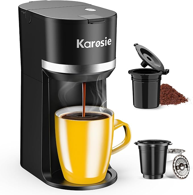 Single Serve Coffee Maker for K-Cup and Ground Coffee, Fast Brew, 6-12 oz Brew Sizes One Cup Coffee Machine Fits 5.5" Mugs, One-Button Small Coffee Maker, Descaling Reminder,Black,9.45 Inches