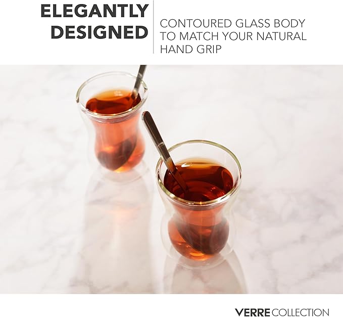 Turkish Tea Cups 4.25 oz, Lightweight Turkish Tea Glasses, Heat Resistant Double Wall Tea Cups, Insulated Turkish Tea Set of 2