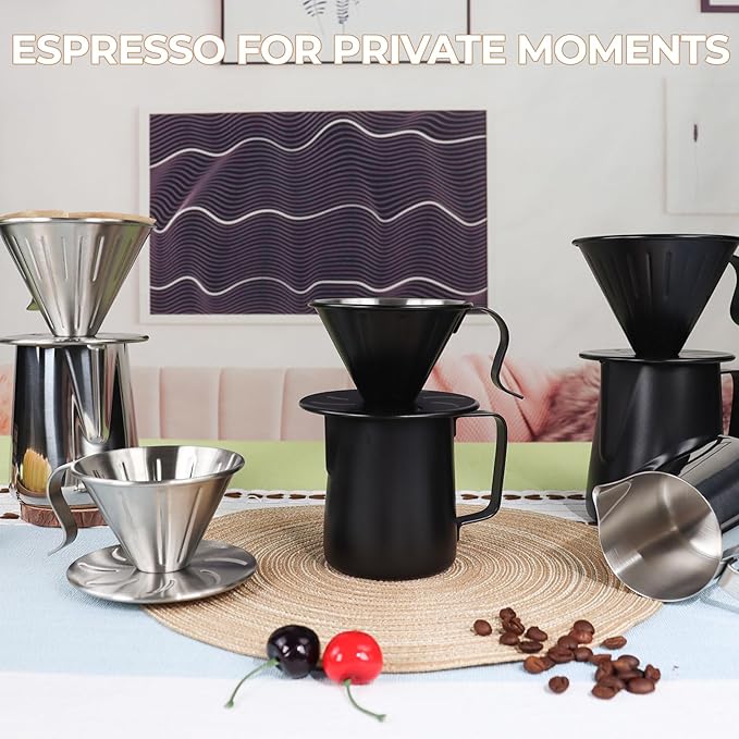 Pour Over Coffee Maker 350ml Milk Frothing Pitcher 304 Thickened Stainless Steel Drip Coffeemaker Set with 50pcs V60 Cone Paper Filters Hand Brew Dripper Carafe for Home Camping Travel 12oz