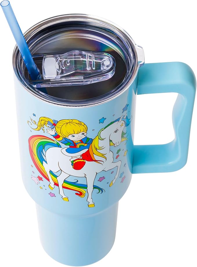 Silver Buffalo Rainbow Brite Featuring Starlite Stars Stainless Steel Tumbler with Handle and Straw, Fits in Standard Cup Holder, 40 Ounces (Pack of 12)