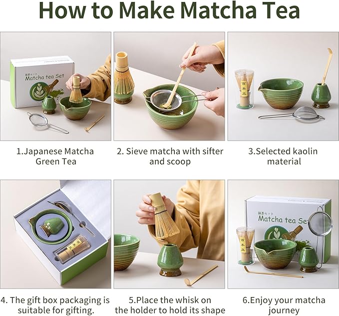 Traditional Matcha Tea Ceremony Set with Ceramic Bowl, Bamboo Whisk, Stand and Strainer, 5-Piece (green)