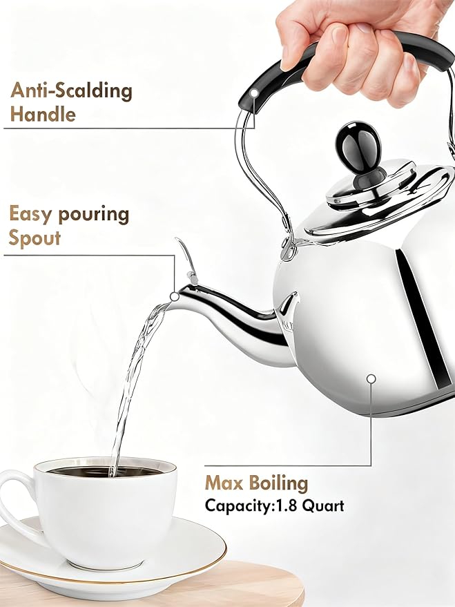 Stovetop Tea Kettle - 2.0 Quart Round Tea Pot for Stovetop, Whistle Alert, Mirror Polished Classic Water Kettle, Food Grade Material Teapot for Stove Top, Compatible with Gas & Electric Coil Stovetop