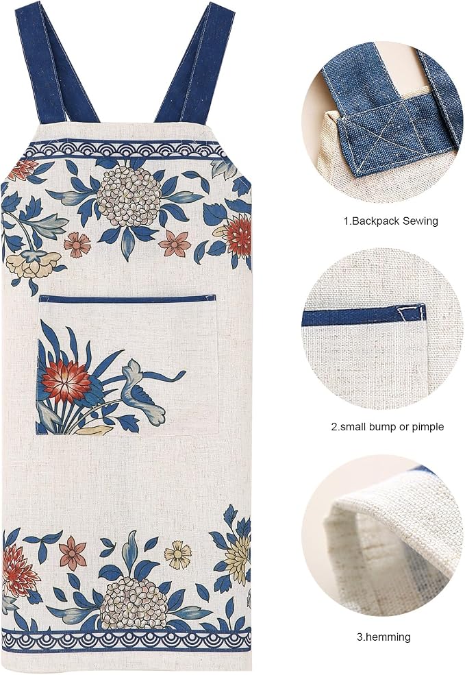 patdrea Blue Floral Linen Apron with Pocket,French Kitchen Garden Chef BBQ Aprons for Women and Men,Crisscross Back Straps - Image 4