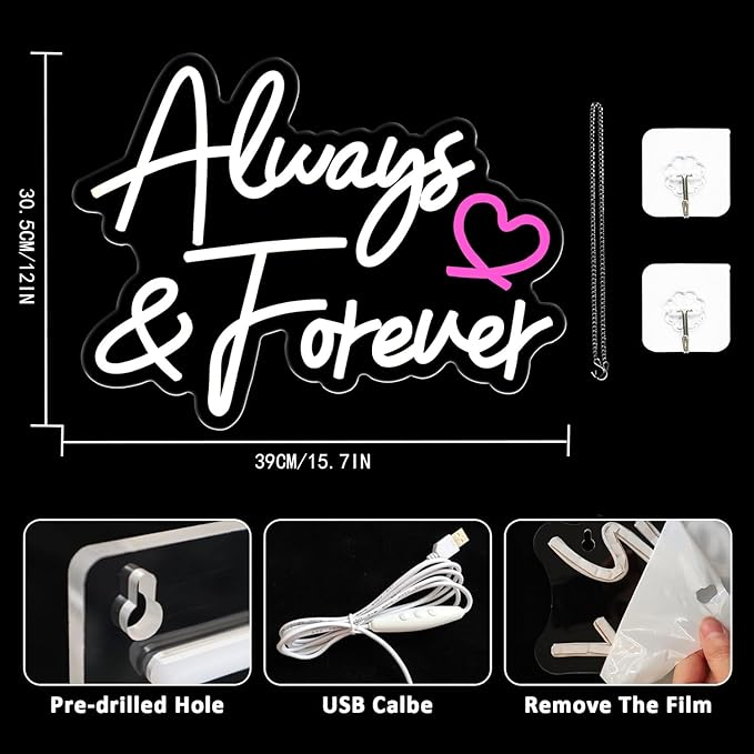 Always Forever Neon Sign Warm White Neon Light Sign, Letters Wedding Led Neon Signs for Wall Decor, Dimmable with USB Powered for Bedroom Propose Anniversary Christmas Gifts