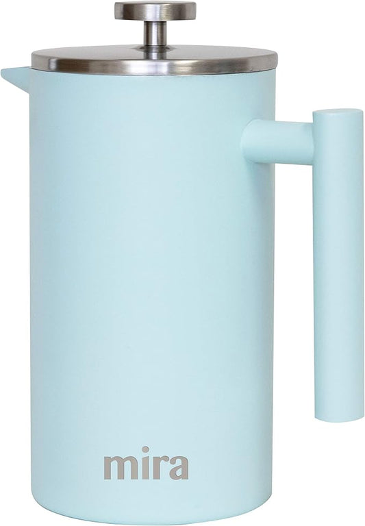 MIRA 20 oz Insulated French Press - Stainless Steel Coffee & Tea Maker - Double Wall Temperature Control Brewer, Pearl Blue