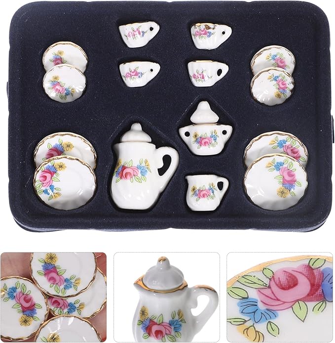 Kisangel Miniature Porcelain Tea Set 1/12 Scale Dollhouse Ceramic Teapot Cups and Saucers Mini Tea Party Accessories for Dollhouse Kitchen Decor