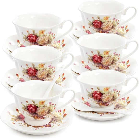 Foraineam Floral Tea Cup with Saucers and Spoons Set of 6 - Coffee Cups and Saucers with Gold Trim - 6 oz Porcelain Ivory Latte Cup and Espresso Mug for Coffee Drinks and Tea