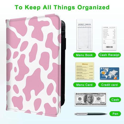 Server Books for Waitress, with 7 Large Pockets, Waiter Serving Book, Waitstaff Server Order Pads, Cute PU Leather Server Book with Pen Holder Fit Server Apron, Pink Cow Prints - Image 5