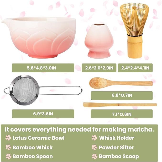Matcha Whisk Set, Lotus Gradient Pink Ceramic Matcha Set Includes Matcha Bowl, Matcha Whisk (Chasen) and Holder, Sifter, Bamboo Scoop & Spoon - 6 Pcs Matcha Kit for Matcha Lovers