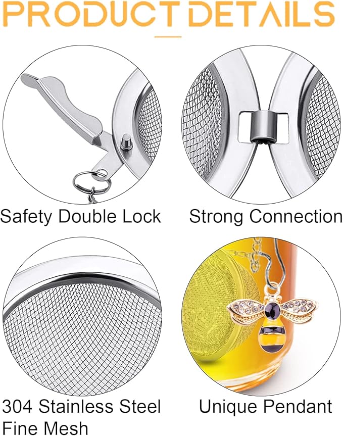 Handmade Tea Ball Infusers - 2pcs, Honey Bee Strainers with Bee Charm Pendant for Loose Leaf Tea