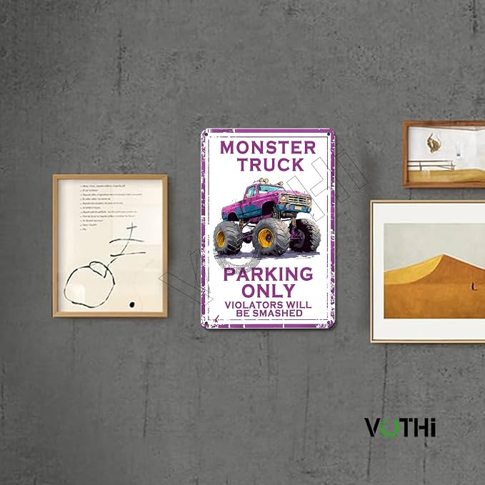 Monster Truck Tin Sign Birthday Decorations & Room Decor, Car Poster for Boys Bedroom, Durable Metal Wall Art, Vintage Style Auto Theme - 8x12 Inches - Image 4