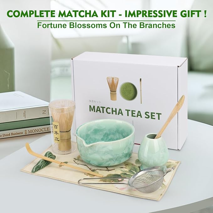 Matcha Whisk Set, Ceramics Macha Kit Includes Bowl with Spout, Matcha Whisk and Holder, Bamboo Scoop, Scoop Rest, Sifter and Tea Towel - 7 Pcs Tea Powder Shaker Kit