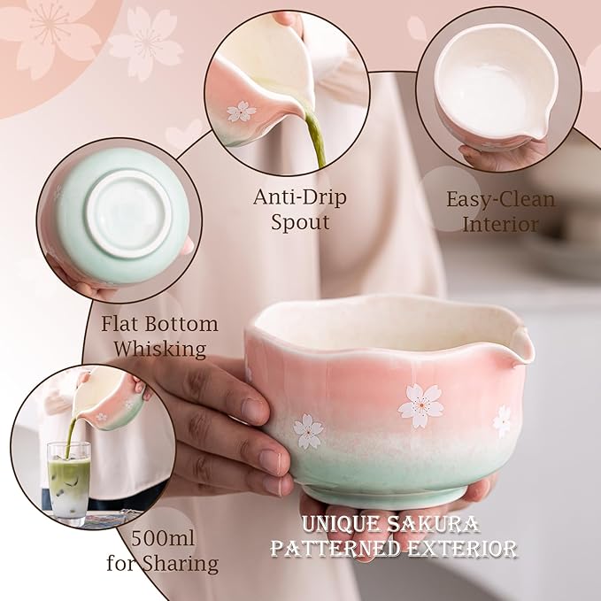 Cherry Blossom Matcha Whisk Set, 7 Pcs Matcha Kit with Ceramic Matcha Bowl with Spout, Bamboo Matcha Whisk And Scoop, Stainless Steel Sifter, Ceramic Holder, Rest And Tea Towel