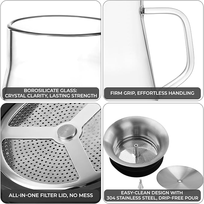 Aquach 51oz Glass Teapot with Smart Filter Lid, Stovetop Safe Borosilicate Glass Tea Kettle with Built-in Stainless Steel Infuser, Dishwasher Safe Hot & Iced Tea Maker, Plastic-Free