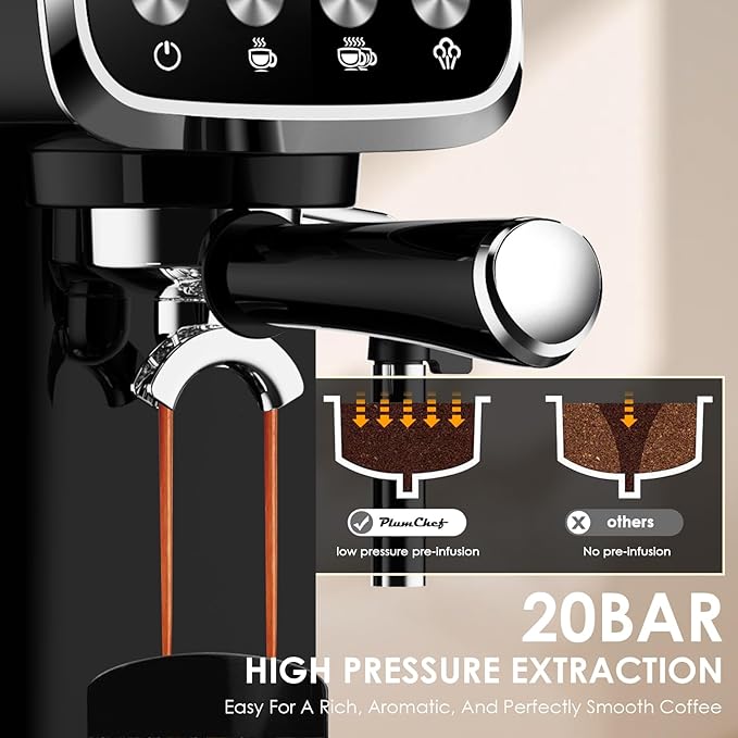 PLJY0110 20BAR Slim Vertical Espresso Machine with Milk Frother, Built-in Cup Warmer,Compact Space-Saving Design 43 OZ Detachable Tank, for Rich Espresso, Americano, Latte, Black