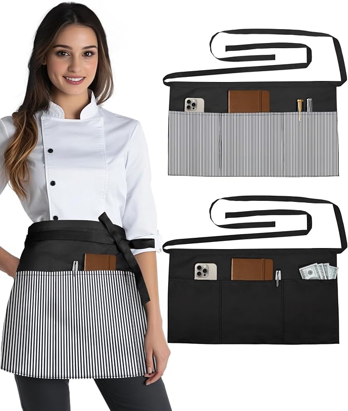 Slohif Reversible Server Apron 6 Pockets - Waist Apron for Waitress Women Half Serving Short Apron for Waiter by Slohif