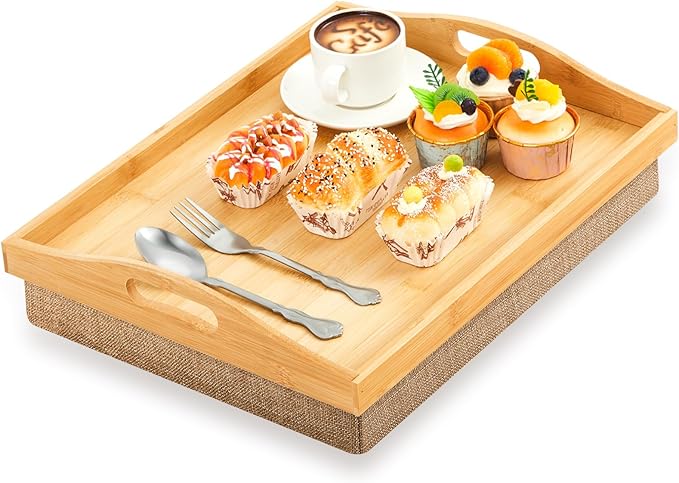 Tioncy 1 Piece Bamboo Lap Tray with Detachable Pillow 16.9'' x 13'' Lap TV Trays Desk with Handles for Adults Eating in Recliner Breakfast Housewarming Gift (Natural Color,Flaxen)