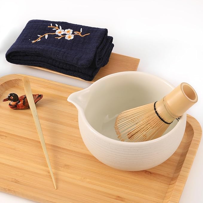 Artcome 5 Pcs Japanese Matcha Tea Set, Matcha Whisk, Traditional Scoop, Tea Spoon, Scoop Holder, Ceramic Whisk Holder Handmade Matcha Ceremony Kit For Traditional Japanese Tea Ceremony