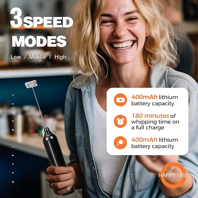 Milk Frother Rechargeable Handheld Electric Whisk Coffee Frother 3 Speed Adjustable Foam Maker Blender for Coffee Matcha Latte Cappuccino Hot Chocolate Kitchen Gifts (Black)