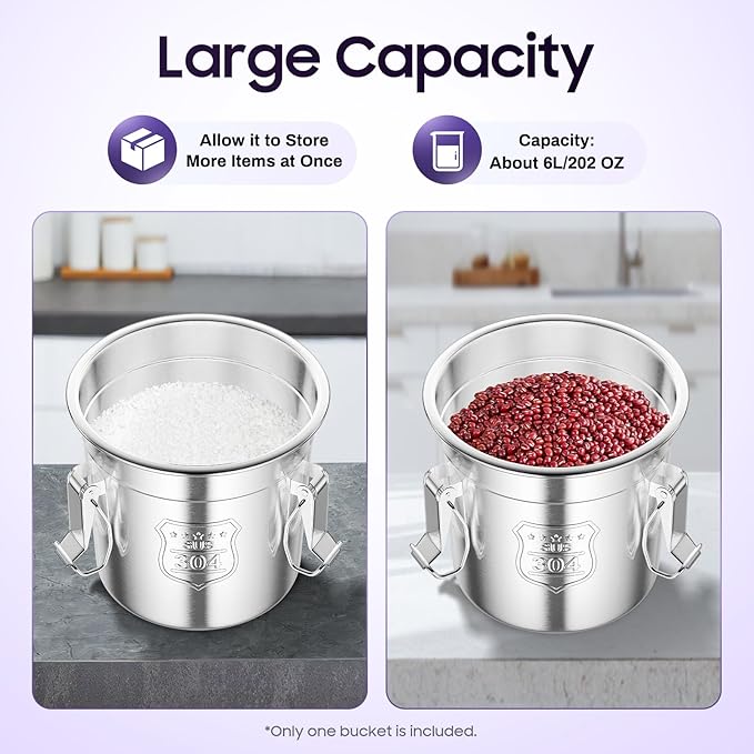 304 Stainless Steel Airtight Canister for Home, Rice Cereal Grain Canisters Container, Metal Kitchen Rice Oil Storage Bucket for Household Kitchen Food w/Handles+Lid (Silver-6L)