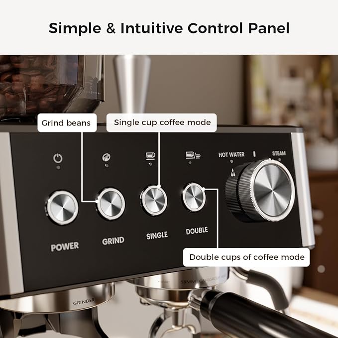 Kismile Espresso Machines with Grinder, 20 Bar Professional Espresso Maker with Removable Water Tank, Hot Water Function,Milk Frother Steam Wand for Latte&Cappuccino(Black)