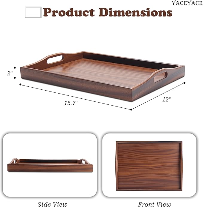 Wood Serving Tray for Ottoman, 15.7"x12"x2" Medium Wodden Serving Tray with Handles for Coffee Table, Wood Trays for Home Decor, Bathroom