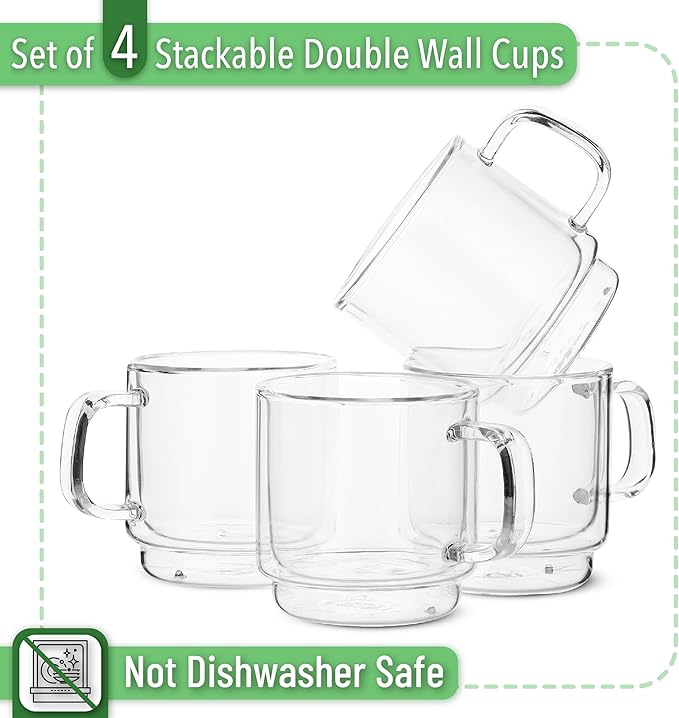 BTaT- Double Walled Stackable Glass Coffee Mugs, 8 oz, Set of 4, Glass Coffee Cups with Handle, Insulated Clear Coffee Mug for Hot and Cold Beverages, Cappuccino, Latte, Tea, Americano