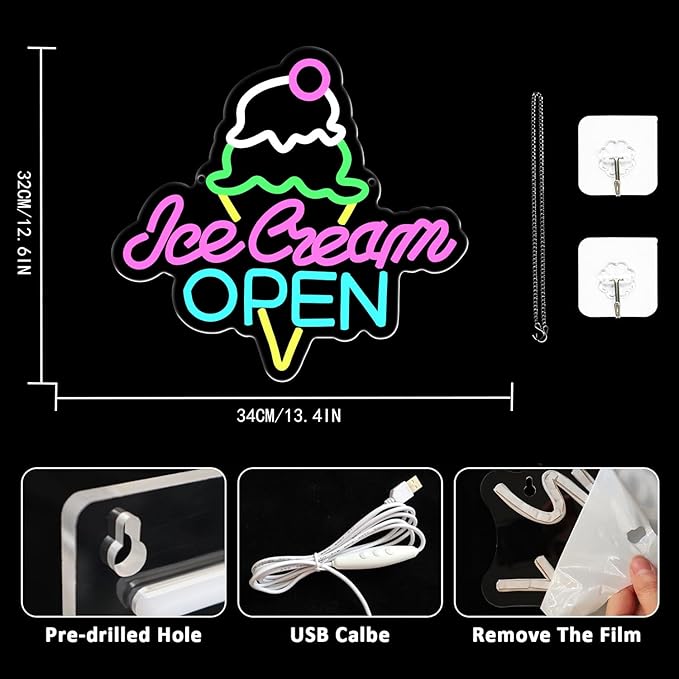 Ice Cream Open Neon Sign Led Neon Light for Wall Decor, USB Dimmable Ice Cream Open Wall Decor Sign for Business Store Dessert Shop Bar Party Cafe