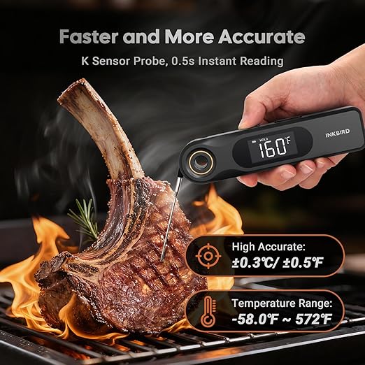 INKBIRD Dual Screen Display 0.5 Sec Rechargeable Instant Read Meat Thermometer for Cooking and BBQ, Professional 1.8mm Ultra-Fine Probe IP65 Waterproof Kitchen Thermometer with Magnets, Gill Smoker
