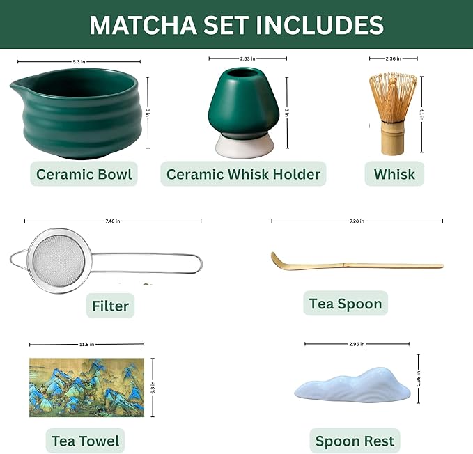 7PCS Ceramic Matcha Set – Traditional Japanese Tea Kit for Matcha Preparation with Pouring Bowl, Bamboo Whisk & Stand, Scoop with Rest, Sifter and Tea Cloth – Ideal for Matcha Lover