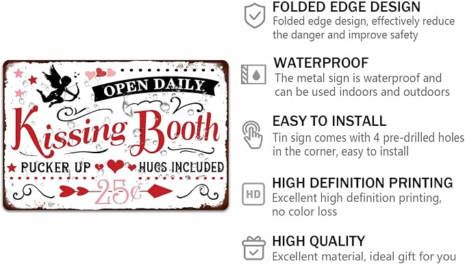 Kissing Booth Funny Metal Tin Sign Valentine's Day Sign for Home Kitchen Bathroom Farmhouse Garden Coffee Bar Wall Decor Decoration Art Sign Vintage Poster 8x12 Inch - Image 2